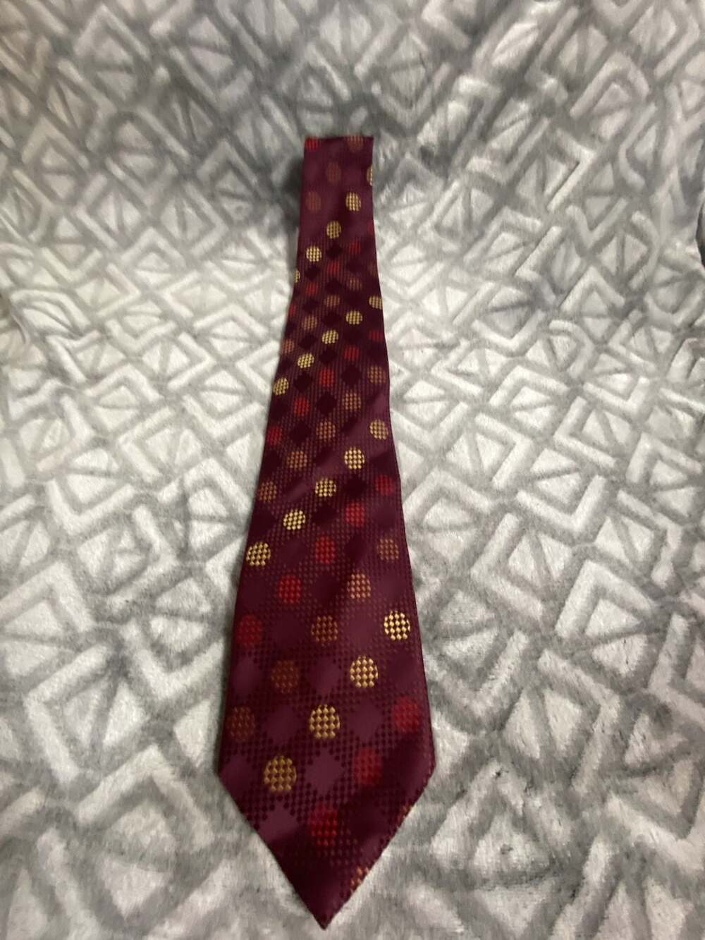 Studio Neck Tie Burgundy Gold Geometric Dot Pattern 100% Polyester